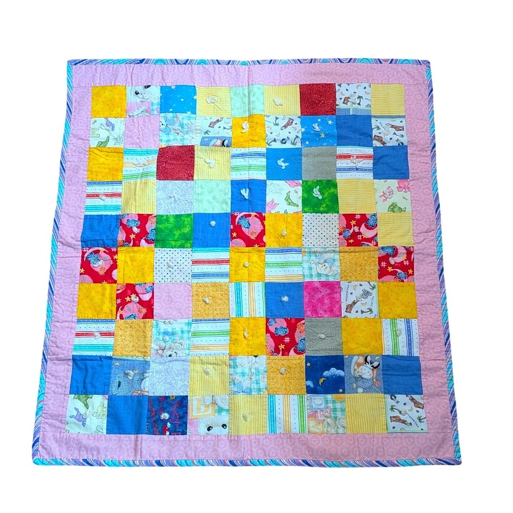 Handmade Patchwork Baby Quilt Multi Color Animal Floral Reversible 34x37